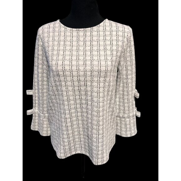 KARL LAGERFELD Womens Plaid Textured Top With Bow Sleeve OFFICE - Picture 1 of 7
